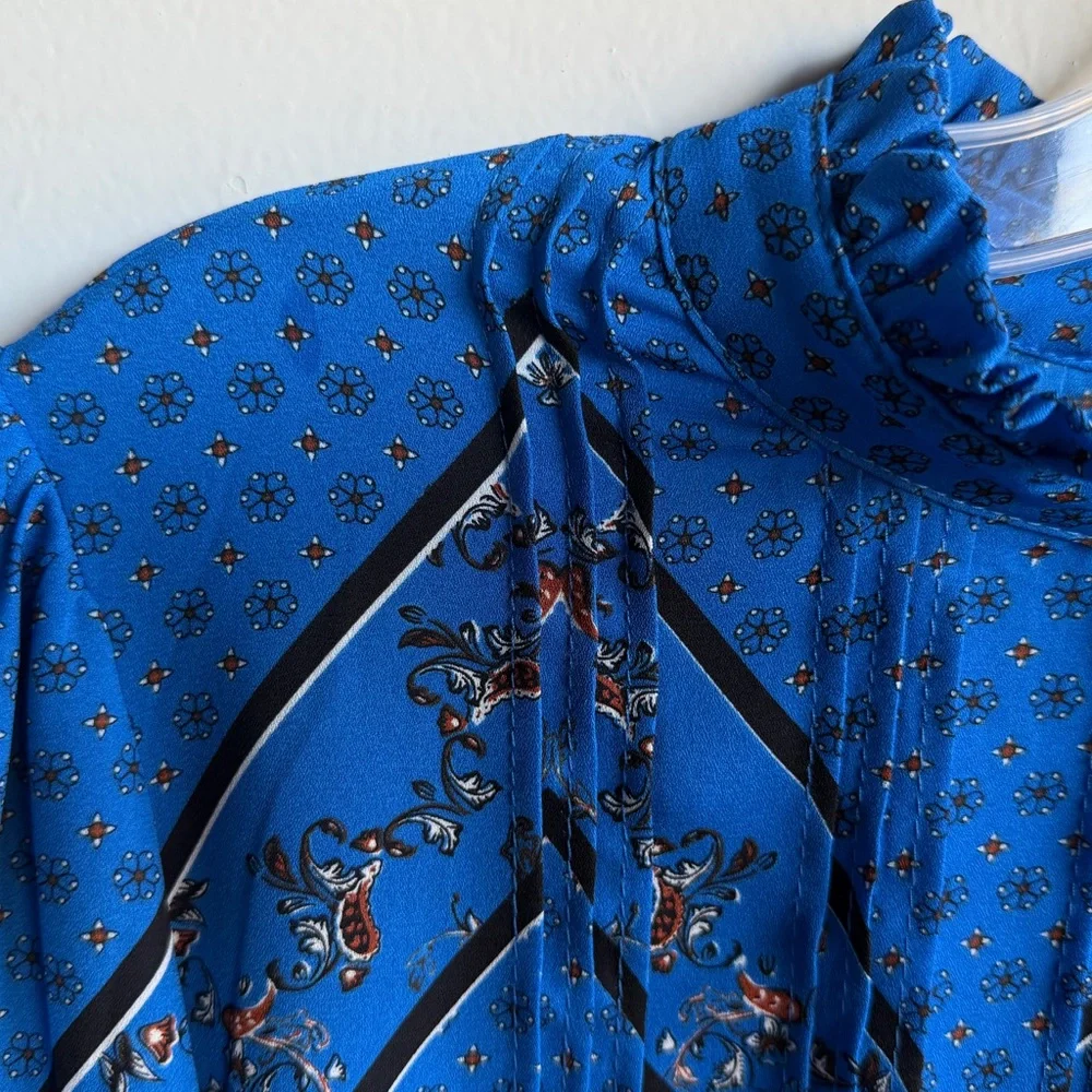 Boho Blue Blouse Balloon Sleeve Ruffle Neck Lightweight S